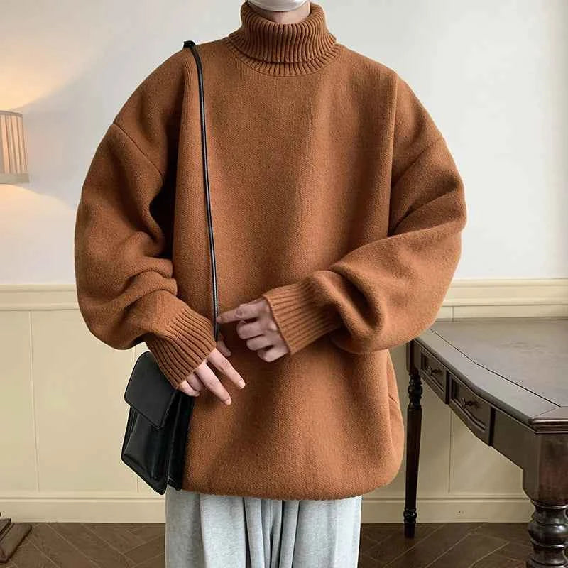 Men's Turtleneck Sweater Pullover Men Loose Casual Harajuku Korean Fashion Mens Oversized Sweater Fashion Thicken Warm Sweaters Coffee