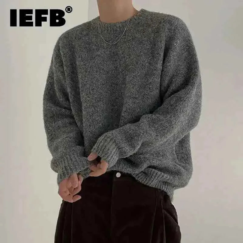 IEFB Men's Knitting Top Casual Loose Round Neck Pullover Sweater Spring Autumn Korean Fashion Male Solid Color Knits 9C2387