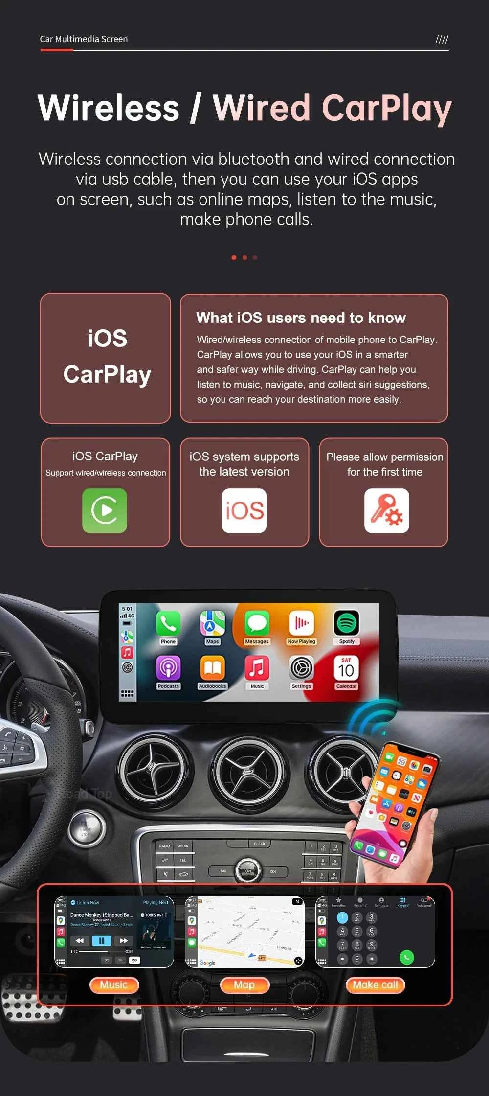 RoadTop Wireless CarPlay Display for Mercedes-Benz CLA GLA A Class W176 2016-2018 NTG5.0 TouchScreen
