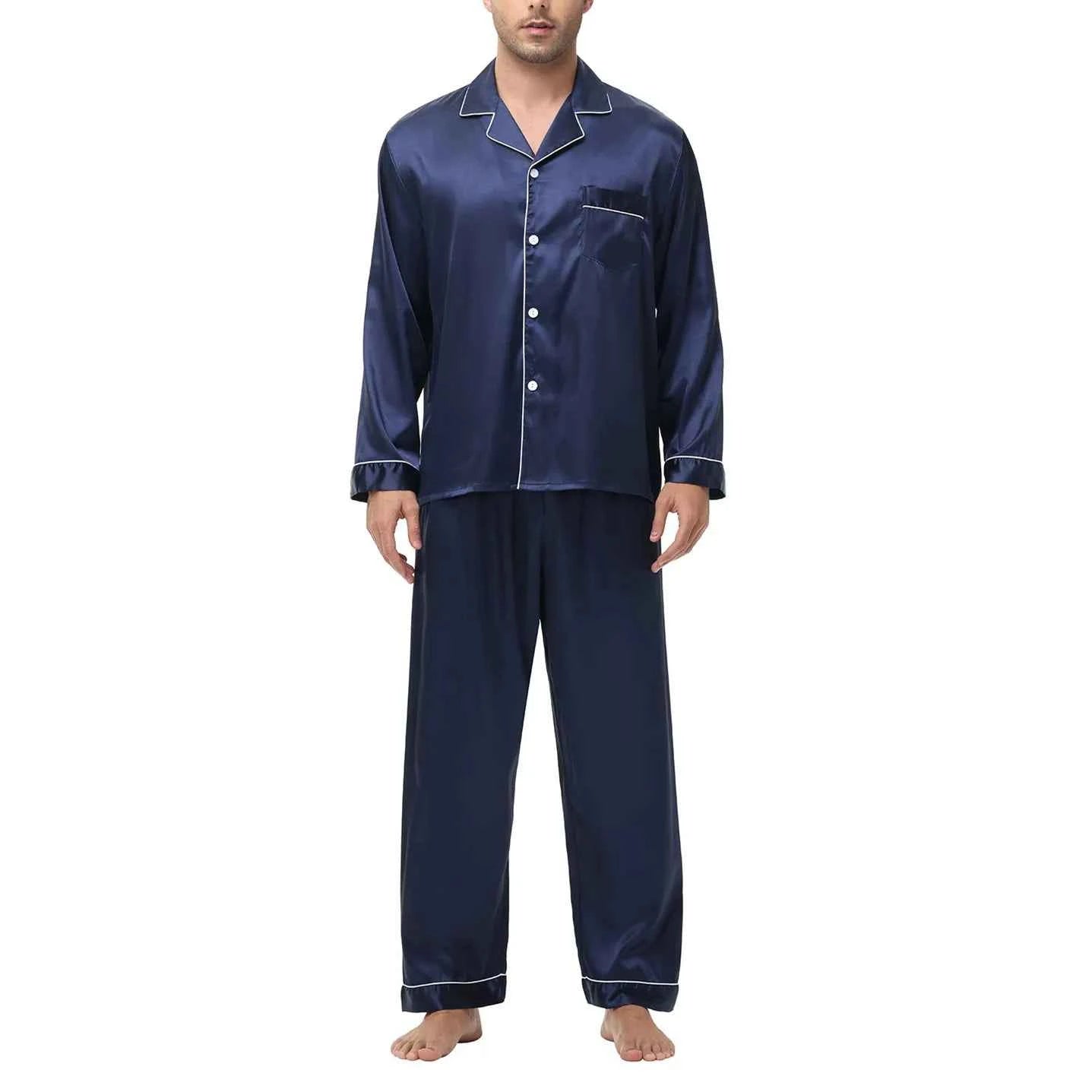 Men's Silk Satin Pajamas Set - Long Sleeve Sleepwear for Men, Soft Loungewear, S-2XL, Spring Nightwear Navy Blue-Solid