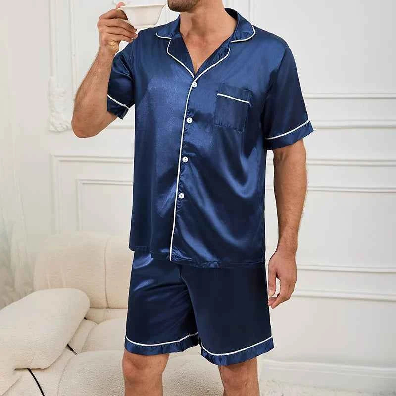 Men's Satin Pajama Set - Short Sleeve Sleepwear for Men with Button