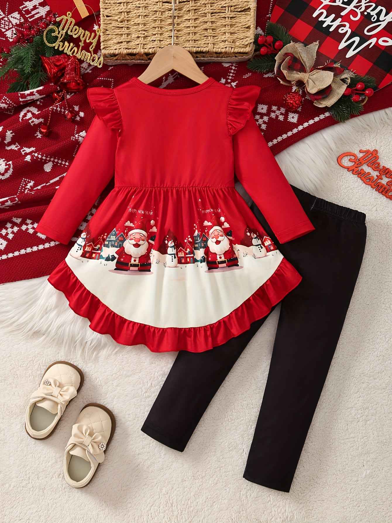 Christmas Dress Set for Girls - 2pcs Long-Sleeve Dress with Santa Claus Print and Irregular Trousers for Outdoor Fun