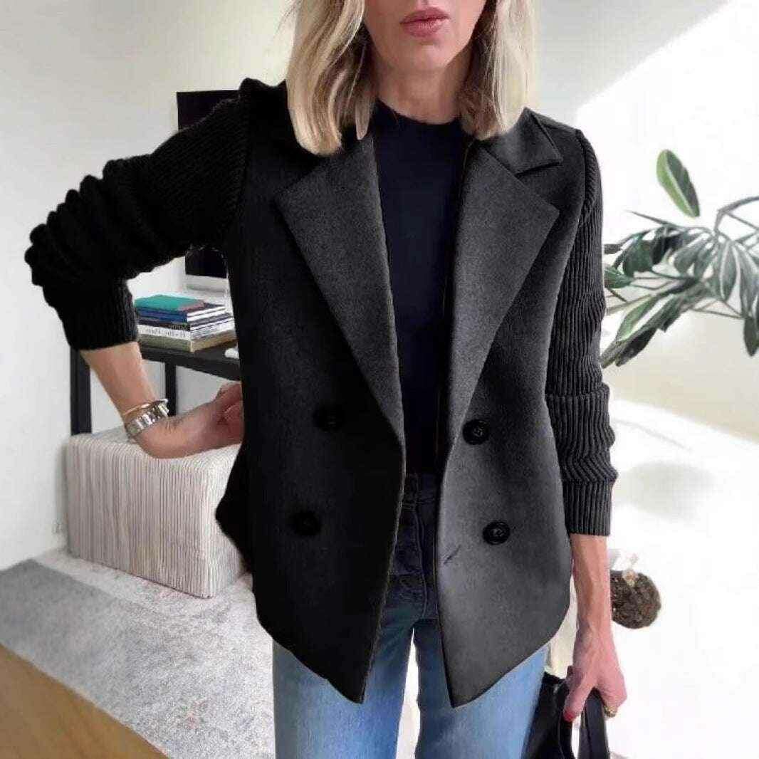 Double-Breasted Lapel Jacket with Knitted Sleeve Splicing Coat Black