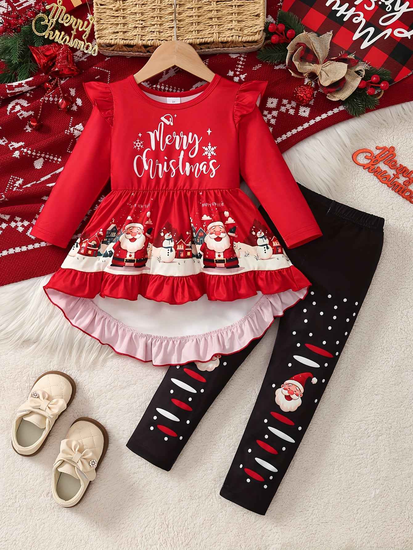 Christmas Dress Set for Girls - 2pcs Long-Sleeve Dress with Santa Claus Print and Irregular Trousers for Outdoor Fun