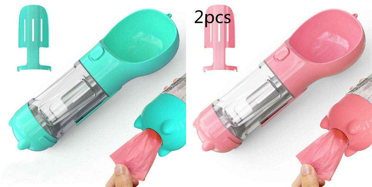 3-in-1 Portable Pet Water Bottle with Feeder, Bowl & Waste Bag Holder Blue pink 2pcs. 300ml