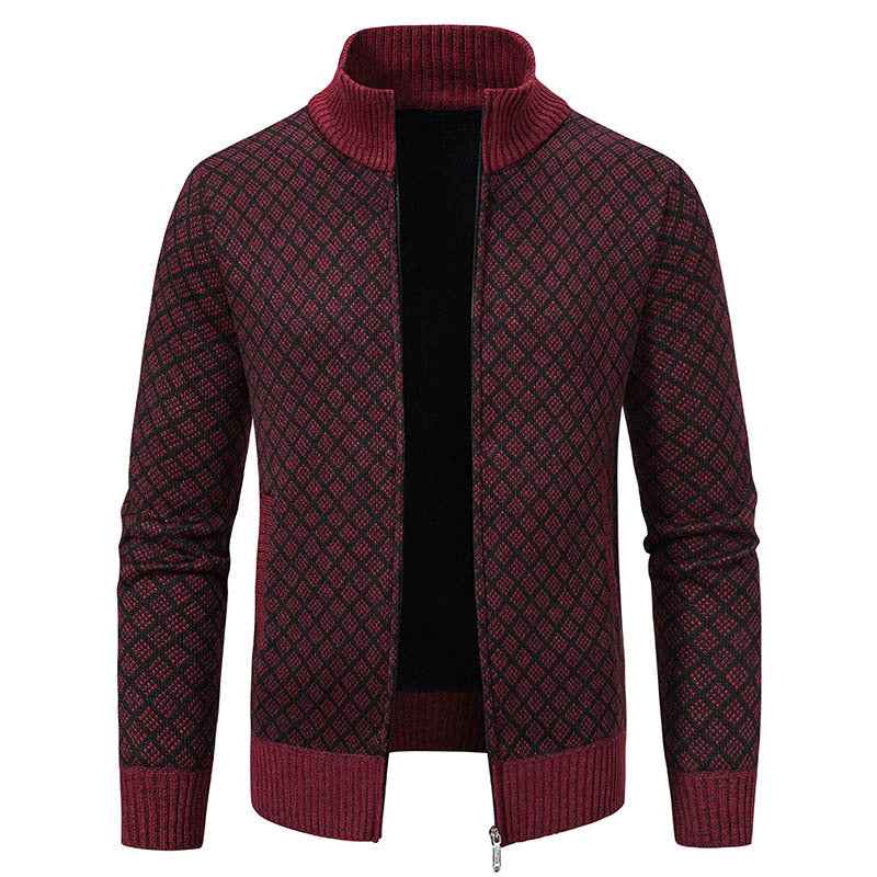 Thickened Plaid Print Jacket Cardigan Fashion Slim Fit Zipper Stand Collar Sweater Winter Men's Casual Long Sleeve Knitted Top Clothing Wine Red