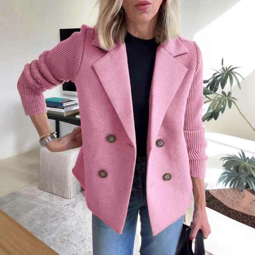 Double-Breasted Lapel Jacket with Knitted Sleeve Splicing Coat