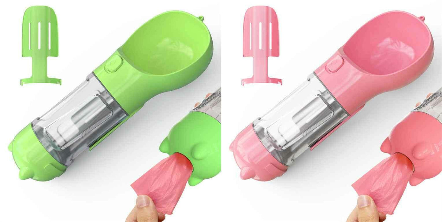 3-in-1 Portable Pet Water Bottle with Feeder, Bowl & Waste Bag Holder Green pink pcs 300ml