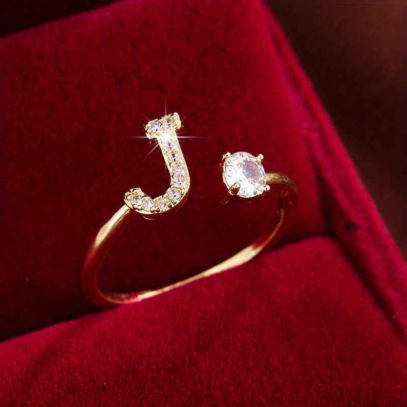 Fashionable 26 English Letters Four-Prong Synthetic Synthetic Zirconia Open Adjustment Ring Ｊ Golden