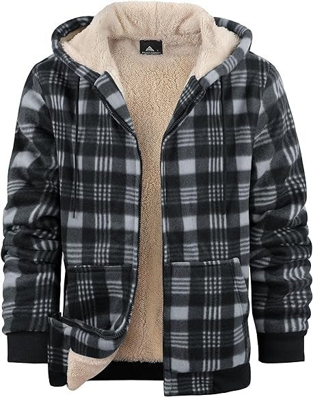 Men's Plaid Print Hooded Zip-Up Jacket Winter Thickened Cotton-padded Coat Warm Clothing 3 Style