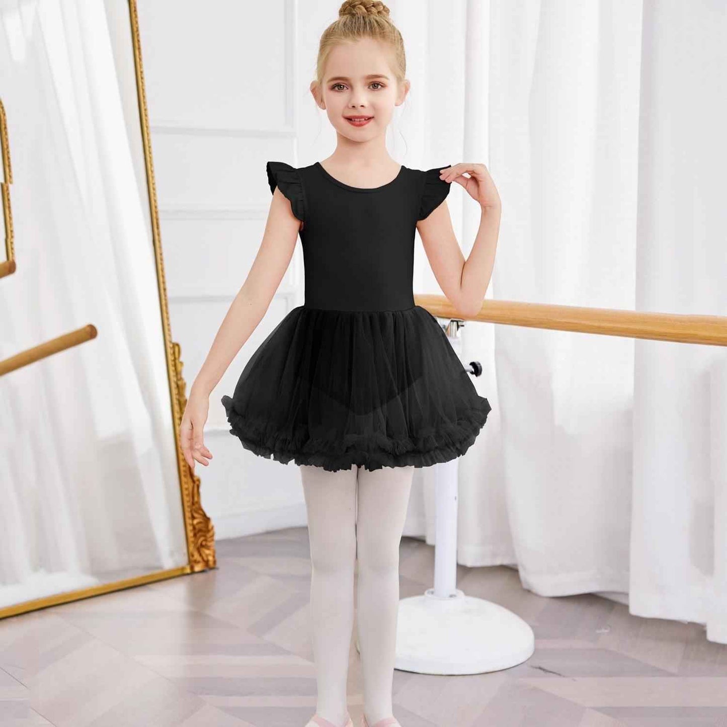 Girls Ballet Tutu Dress with Cross-Back Design and Ruffled Sleeves - Elegant White A-Line Leotard for Dance, Gymnastics, and Recitals Black