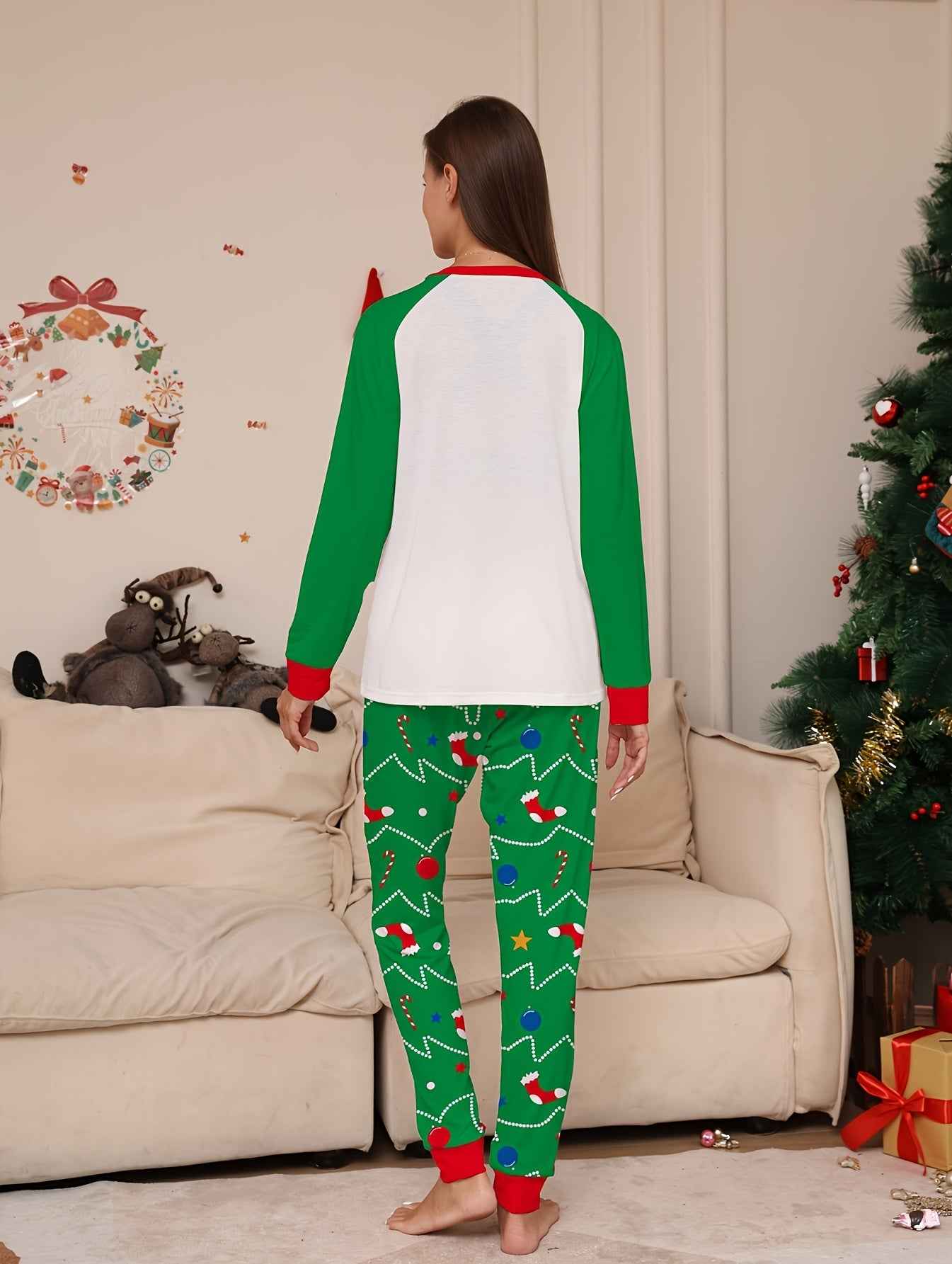 Christmas Women's Pajama Set - Long Sleeve Pants & Christmas Tree Print Round Neck 2pcs Home Wear Set