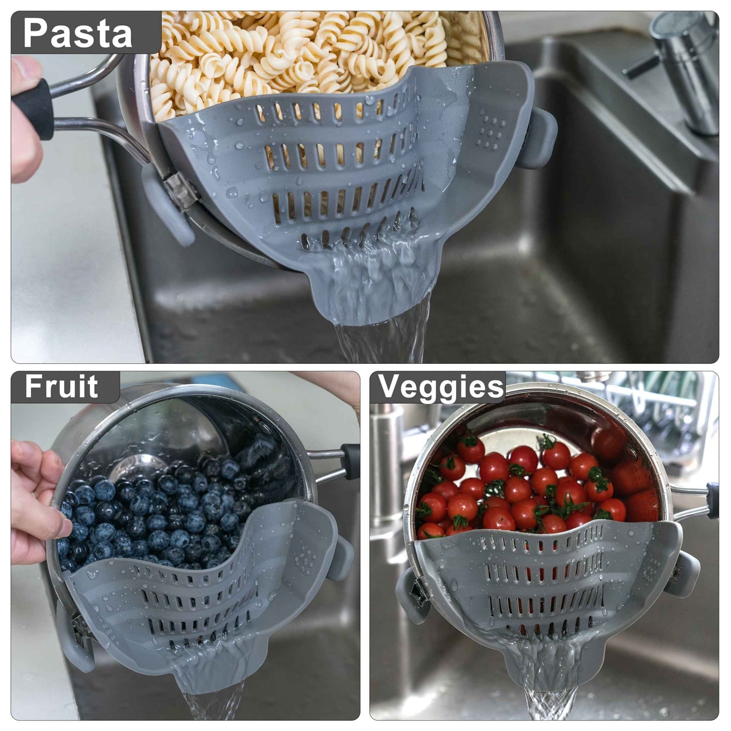 ABERZEY Clip-On Strainer for Pots and Pans - Durable Plastic Colander for Effortless Drainage of Pasta, Meat, and Vegetables - Modern Compact Design Compatible with Stainless Steel Manicure Tool Set