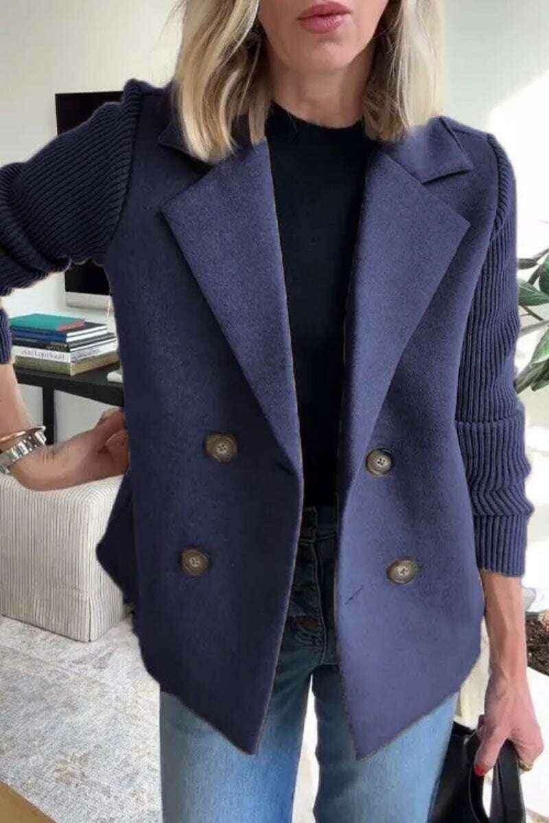 Double-Breasted Lapel Jacket with Knitted Sleeve Splicing Coat Navy Blue
