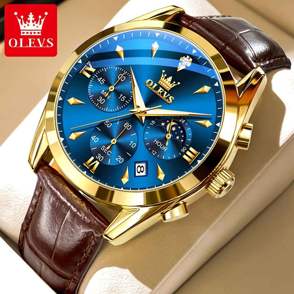 OLEVS Men's Luxury Quartz Watch - Luminous Date & Day Display, Stainless Steel Case, PU Leather Strap, Rose Gold Accents for Business and Casual Wear Golden Blue
