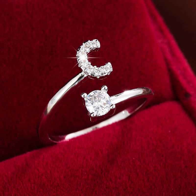 Fashionable 26 English Letters Four-Prong Synthetic Synthetic Zirconia Open Adjustment Ring C Silvery