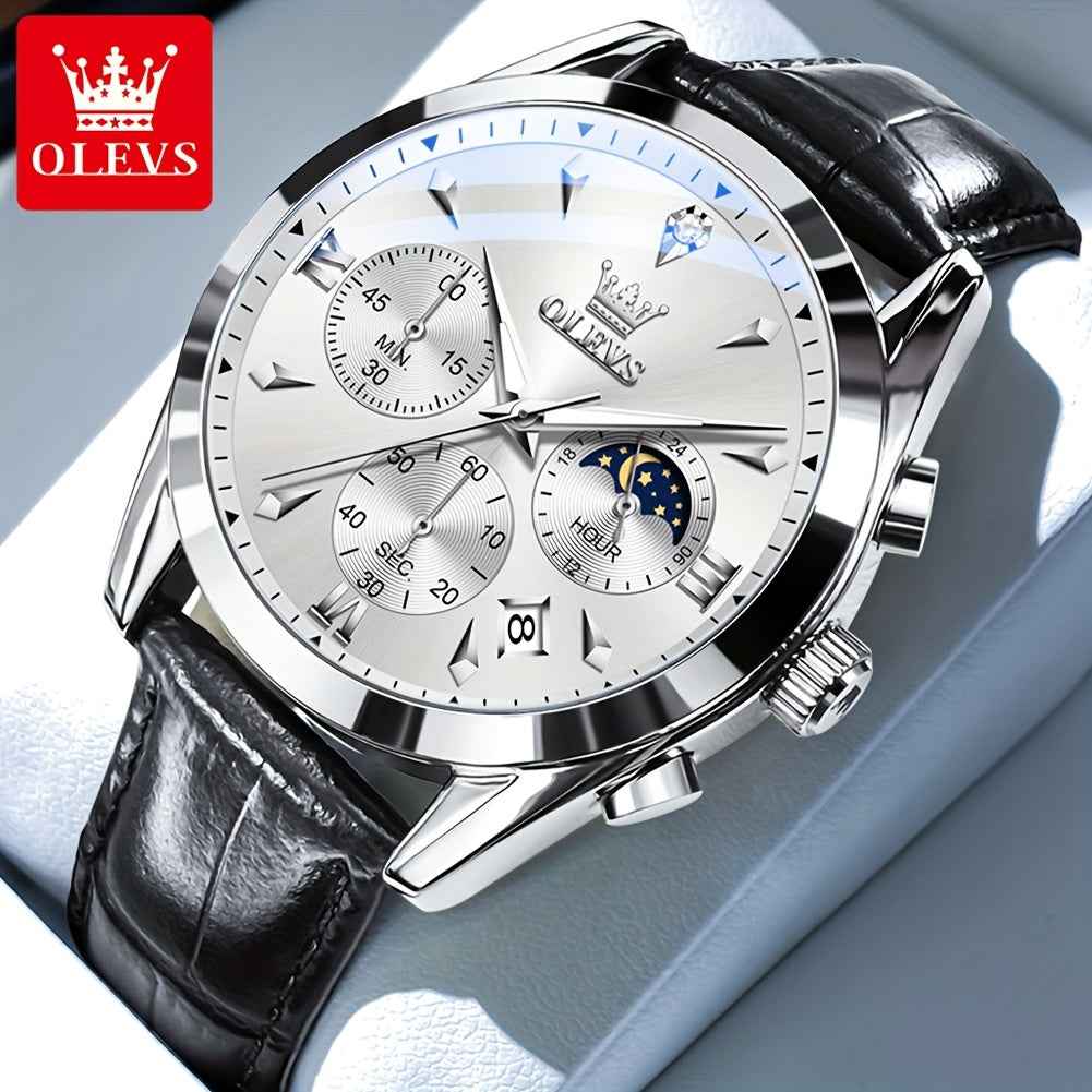 OLEVS Men's Luxury Quartz Watch - Luminous Date & Day Display, Stainless Steel Case, PU Leather Strap, Rose Gold Accents for Business and Casual Wear white