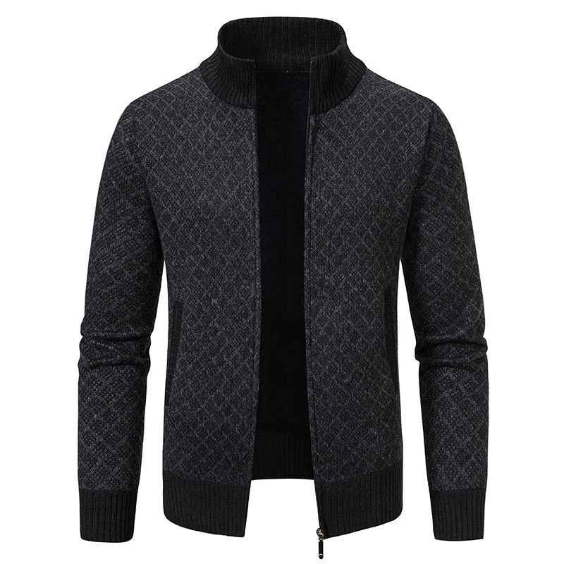 Thickened Plaid Print Jacket Cardigan Fashion Slim Fit Zipper Stand Collar Sweater Winter Men's Casual Long Sleeve Knitted Top Clothing Black
