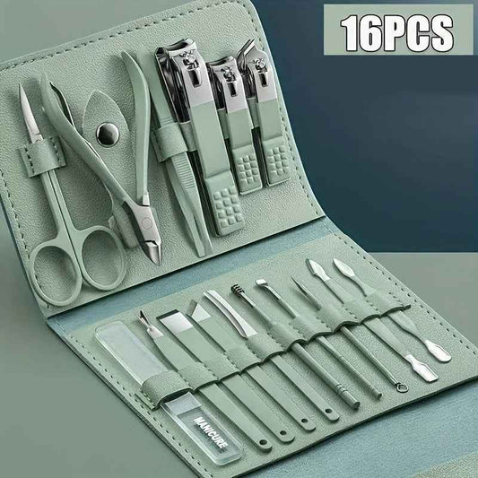 Stainless Steel Manicure Tool Set - 4/8/12/16pcs Multi-Functional Ear Spoon Nail Clippers Pedicure Scissors Kit with Folding Bag