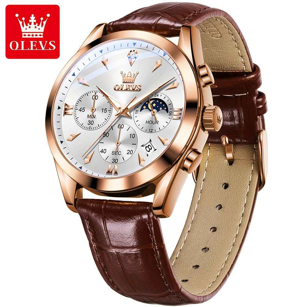OLEVS Men's Luxury Quartz Watch - Luminous Date & Day Display, Stainless Steel Case, PU Leather Strap, Rose Gold Accents for Business and Casual Wear
