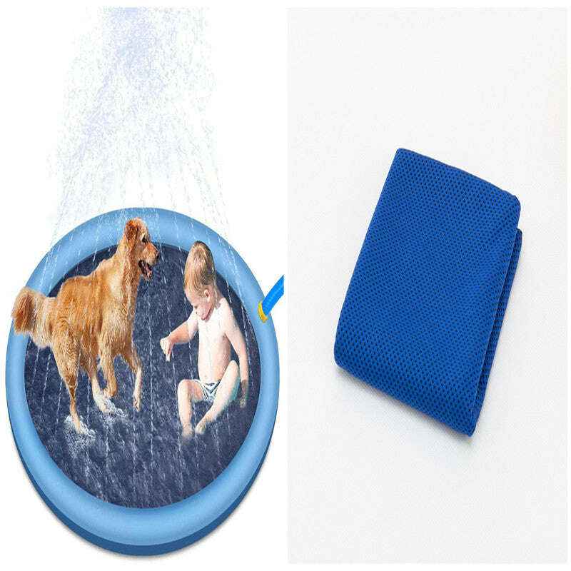 Non-Slip Splash Pad for Kids and Dogs - Summer Outdoor Water Play Mat and Fountain Blue170cm with towel