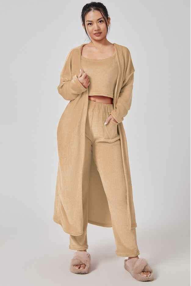 3-Piece Women's Pajama Set for Cozy Winter Loungewear Camel
