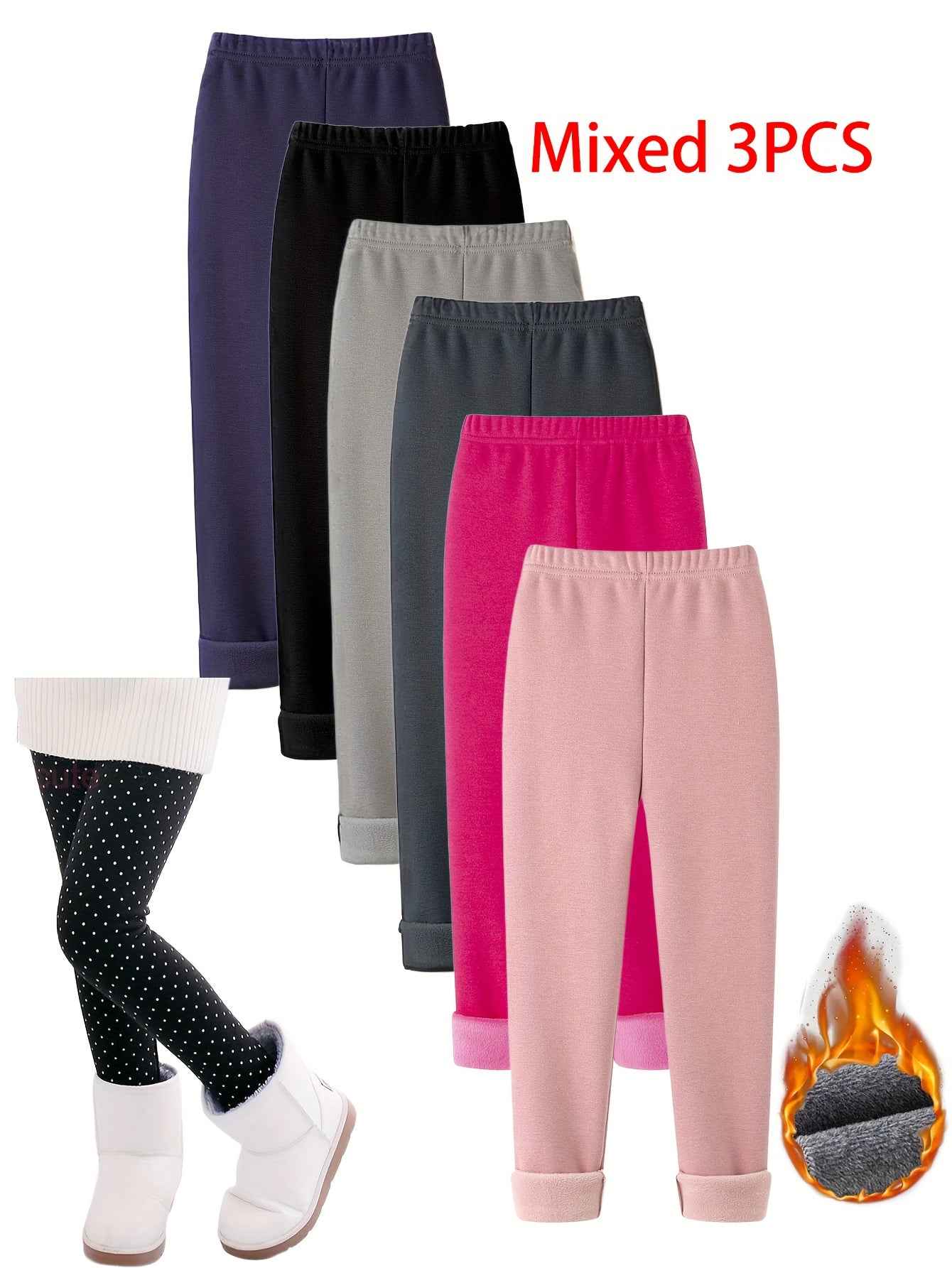 3pcs Winter-Lined Leggings for Kids - Warm Skinny Fit Tights for Boys & Girls, 95% Polyester/5% Spandex, Perfect for Playdates and Cold Weather