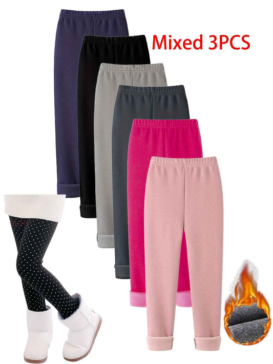 3pcs Winter-Lined Leggings for Kids - Warm Skinny Fit Tights for Boys & Girls, 95% Polyester/5% Spandex, Perfect for Playdates and Cold Weather