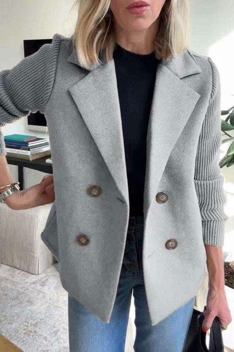 Double-Breasted Lapel Jacket with Knitted Sleeve Splicing Coat Gray