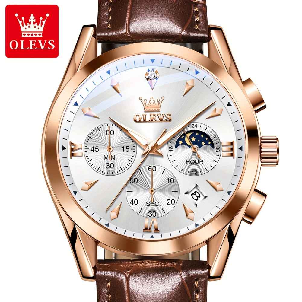 OLEVS Men's Luxury Quartz Watch - Luminous Date & Day Display, Stainless Steel Case, PU Leather Strap, Rose Gold Accents for Business and Casual Wear