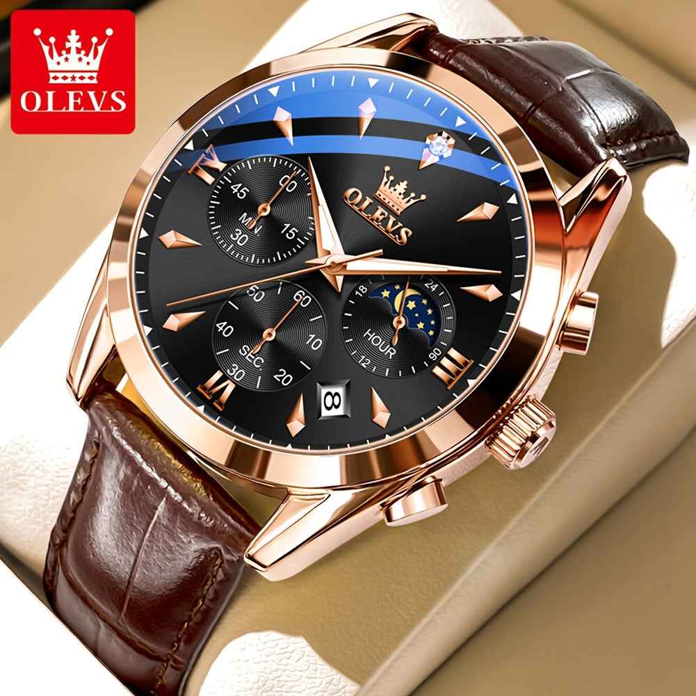 OLEVS Men's Luxury Quartz Watch - Luminous Date & Day Display, Stainless Steel Case, PU Leather Strap, Rose Gold Accents for Business and Casual Wear Rose Black