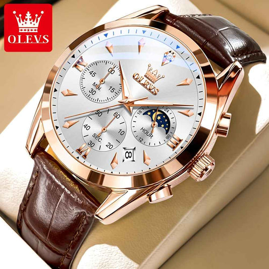 OLEVS Men's Luxury Quartz Watch - Luminous Date & Day Display, Stainless Steel Case, PU Leather Strap, Rose Gold Accents for Business and Casual Wear Rose White