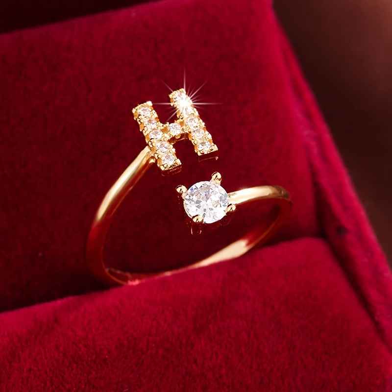 Fashionable 26 English Letters Four-Prong Synthetic Synthetic Zirconia Open Adjustment Ring