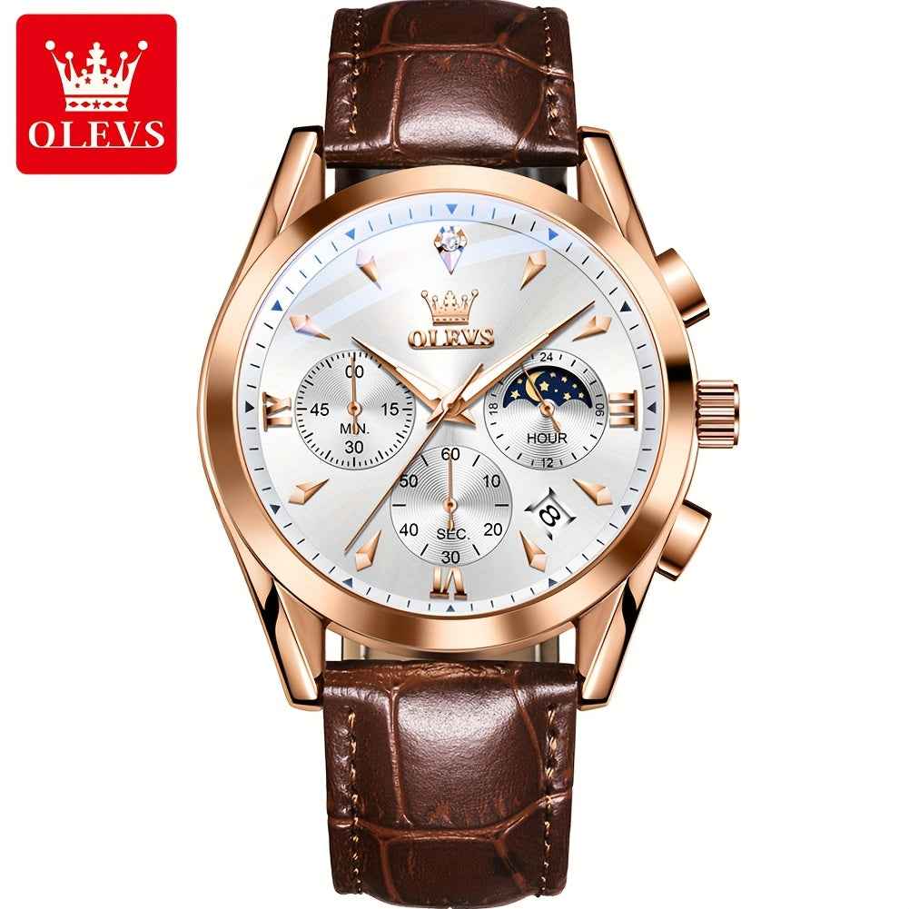 OLEVS Men's Luxury Quartz Watch - Luminous Date & Day Display, Stainless Steel Case, PU Leather Strap, Rose Gold Accents for Business and Casual Wear
