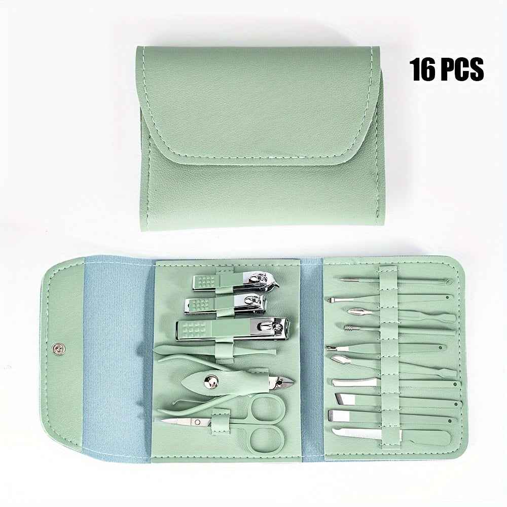 Stainless Steel Manicure Tool Set - 4/8/12/16pcs Multi-Functional Ear Spoon Nail Clippers Pedicure Scissors Kit with Folding Bag Green 16pcs set