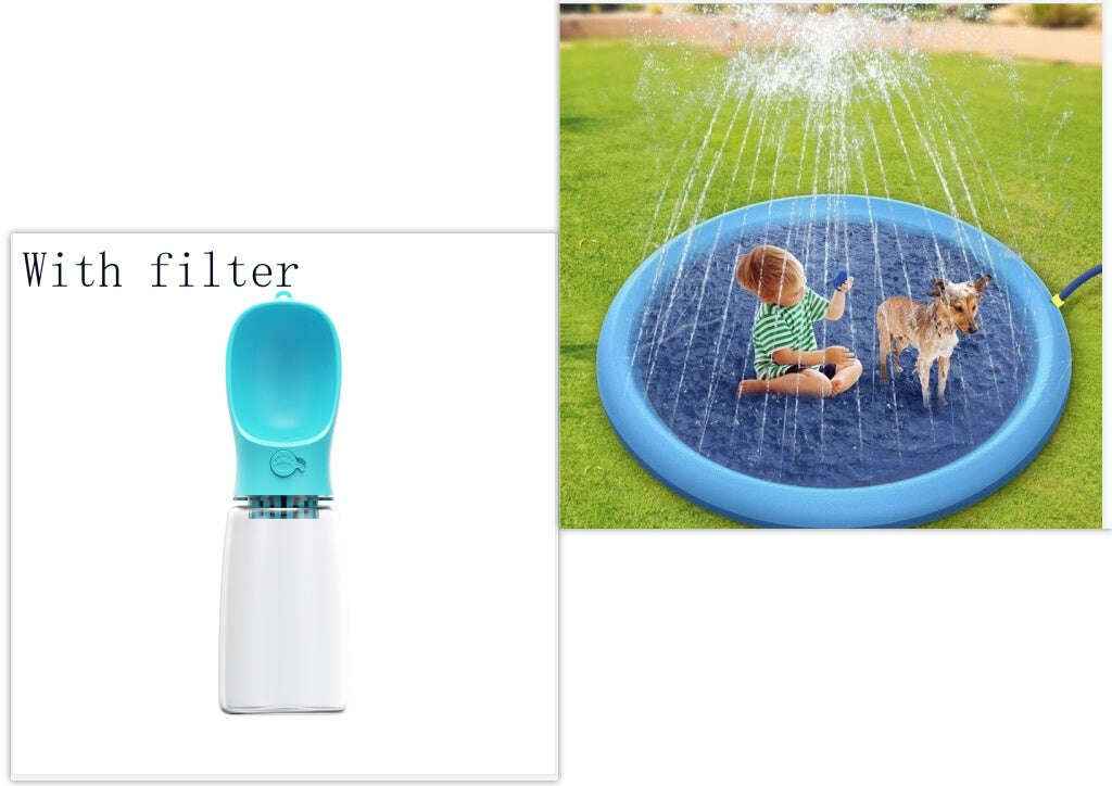 Non-Slip Splash Pad for Kids and Dogs - Summer Outdoor Water Play Mat and Fountain Blue PAD150cm and Bottle 550ml