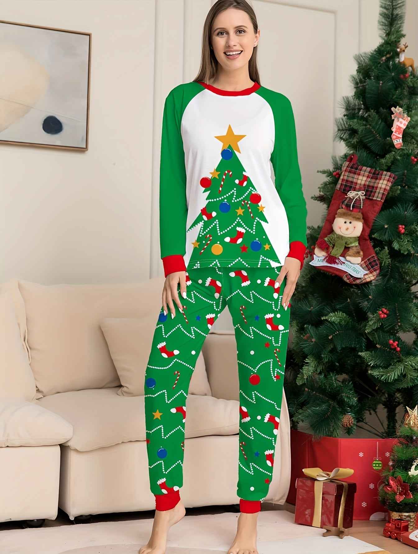 Christmas Women's Pajama Set - Long Sleeve Pants & Christmas Tree Print Round Neck 2pcs Home Wear Set