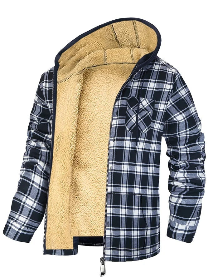 Men's Plaid Print Hooded Zip-Up Jacket Winter Thickened Cotton-padded Coat Warm Clothing Black And White Plaid