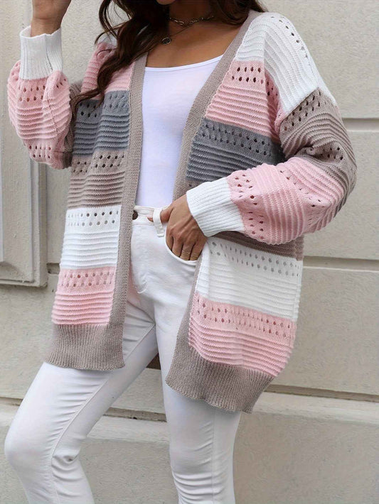 Casual Autumn Wear| Women's Plus Size Color Block Open Front Cardigan - Casual V-Neck, Eyelet Detail, Long Sleeve, Knit Sweater - Machine Washable, Polyester - Ideal for Fall/Winter, Fall Sweaters