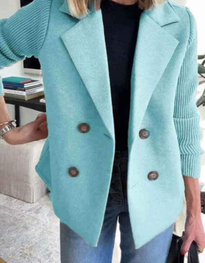 Double-Breasted Lapel Jacket with Knitted Sleeve Splicing Coat Light Blue