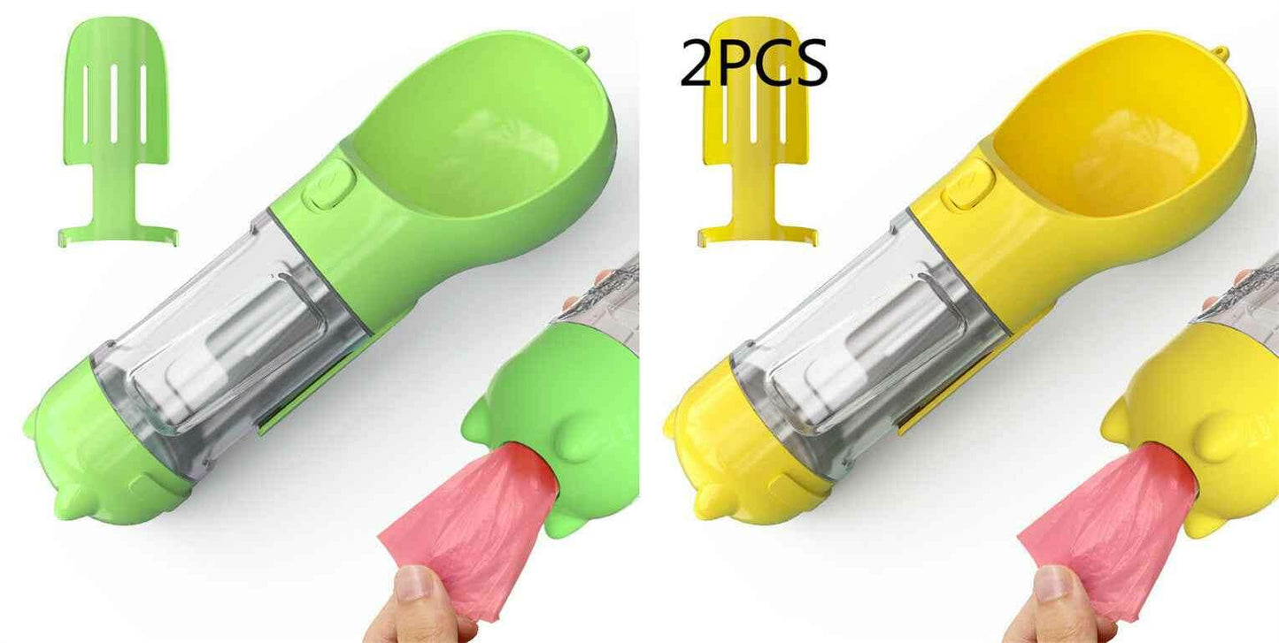 3-in-1 Portable Pet Water Bottle with Feeder, Bowl & Waste Bag Holder Green yellow 2pcs. 300ml