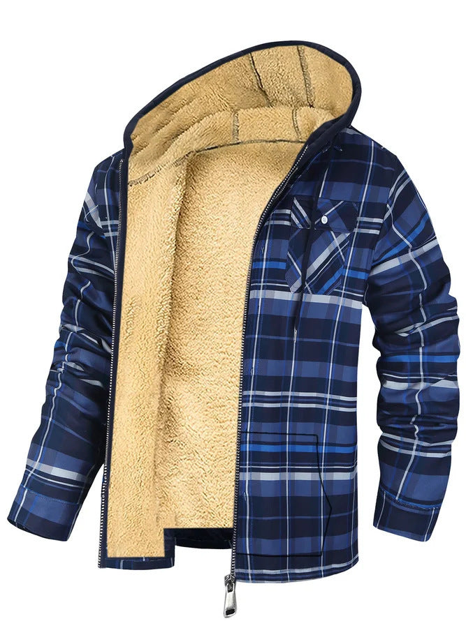 Men's Plaid Print Hooded Zip-Up Jacket Winter Thickened Cotton-padded Coat Warm Clothing Navy Blue