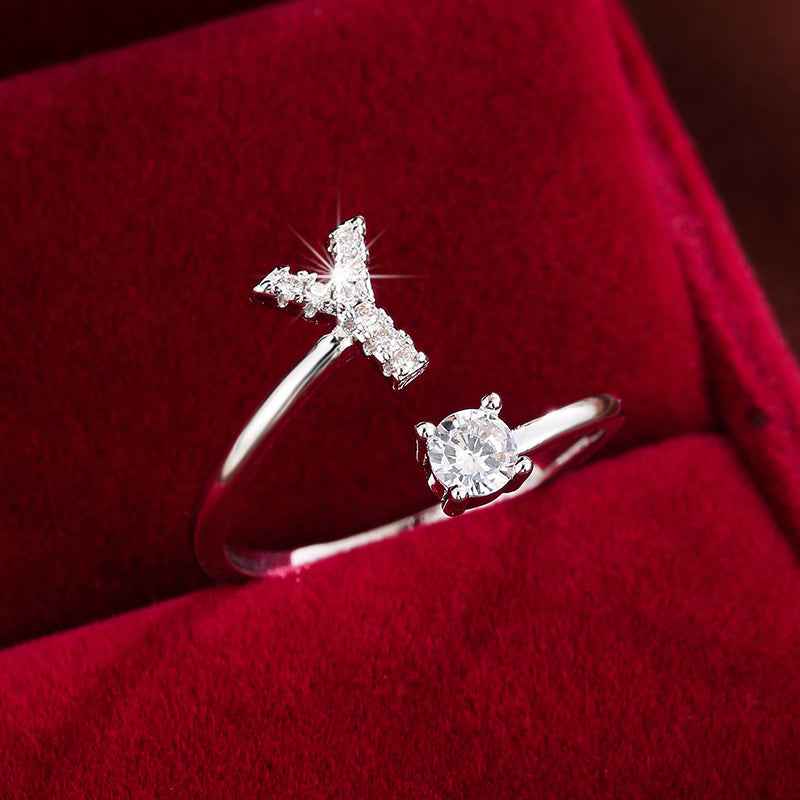 Fashionable 26 English Letters Four-Prong Synthetic Synthetic Zirconia Open Adjustment Ring Ｙ Silvery