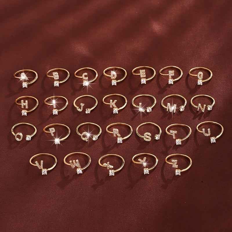 Fashionable 26 English Letters Four-Prong Synthetic Synthetic Zirconia Open Adjustment Ring