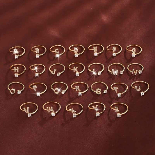 Fashionable 26 English Letters Four-Prong Synthetic Synthetic Zirconia Open Adjustment Ring