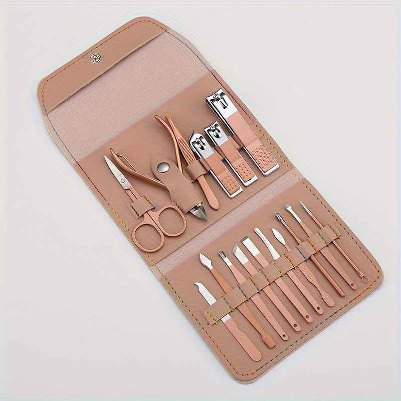 Stainless Steel Manicure Tool Set - 4/8/12/16pcs Multi-Functional Ear Spoon Nail Clippers Pedicure Scissors Kit with Folding Bag