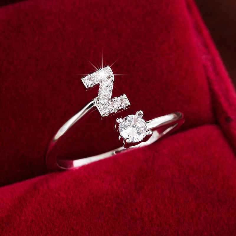 Fashionable 26 English Letters Four-Prong Synthetic Synthetic Zirconia Open Adjustment Ring Ｚ Silvery