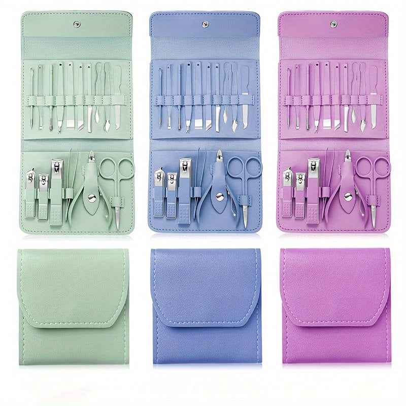 Stainless Steel Manicure Tool Set - 4/8/12/16pcs Multi-Functional Ear Spoon Nail Clippers Pedicure Scissors Kit with Folding Bag