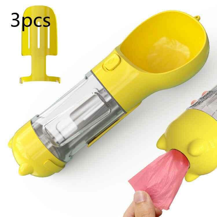 3-in-1 Portable Pet Water Bottle with Feeder, Bowl & Waste Bag Holder Yellow 3pcs 300ml