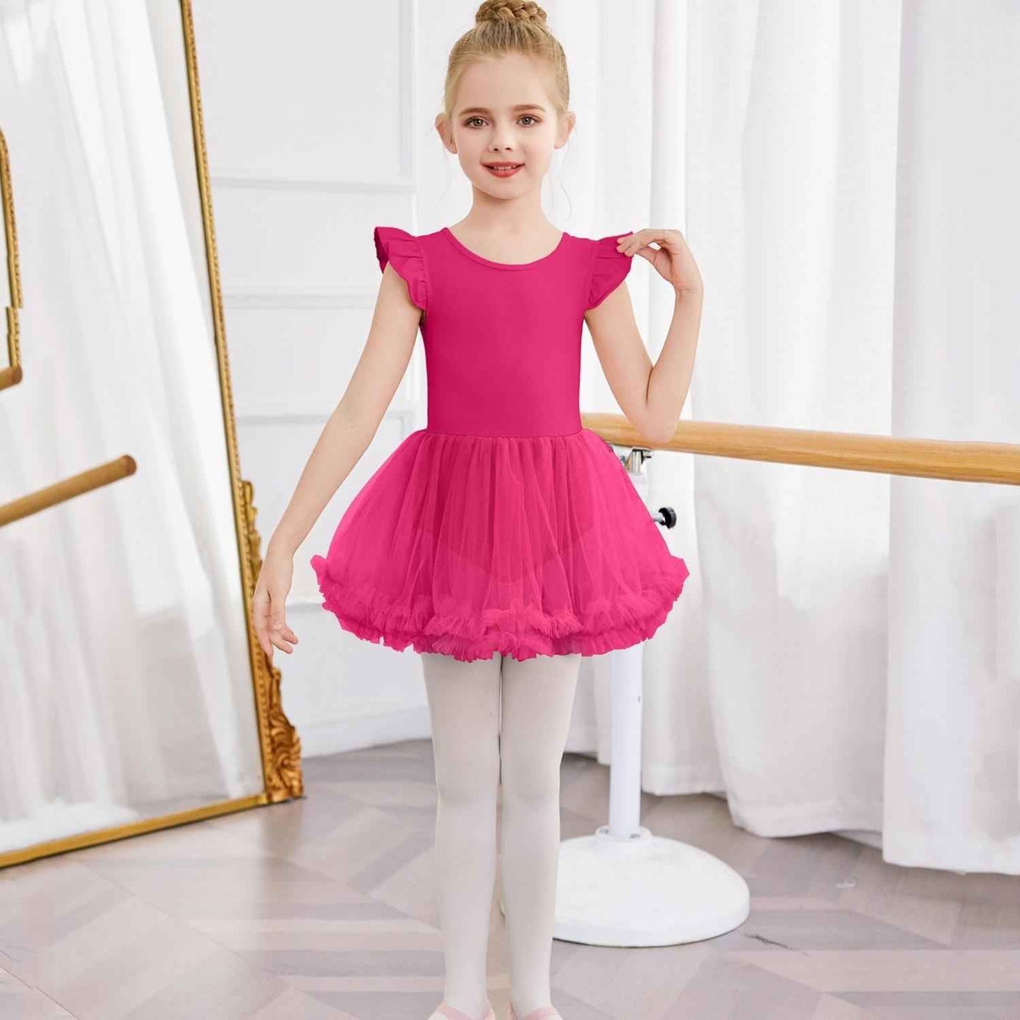 Girls Ballet Tutu Dress with Cross-Back Design and Ruffled Sleeves - Elegant White A-Line Leotard for Dance, Gymnastics, and Recitals Rose Red